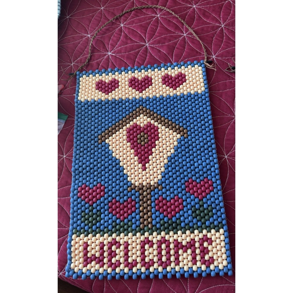 Vtg WELCOME SIGN 14"x10" Wal Beaded Hanging Birdhouse Hearts Farm Plaque - Picture 3 of 5